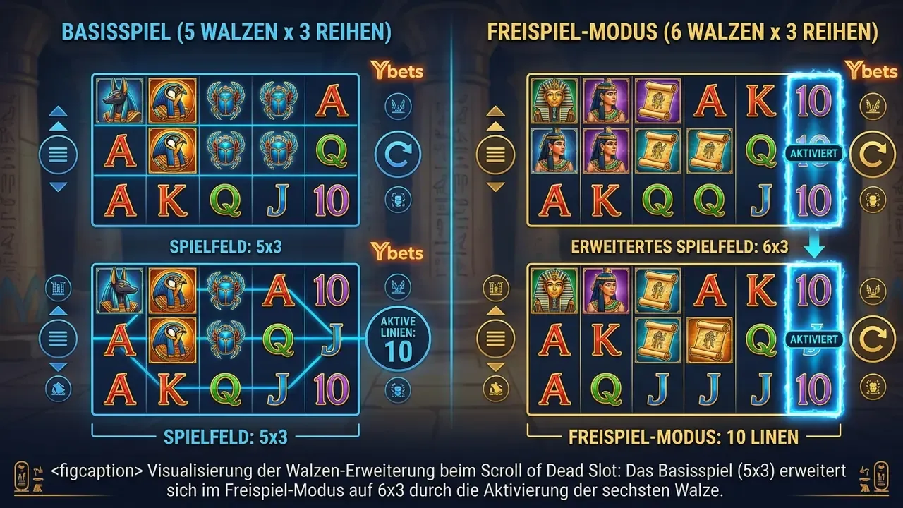 Schaltplan der Walzenstruktur von Scroll of Dead vom Basisspiel zum Bonus